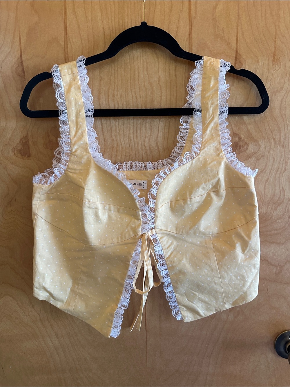 Amour Vintage-Inspired Yellow Lace-Trim Crop Top